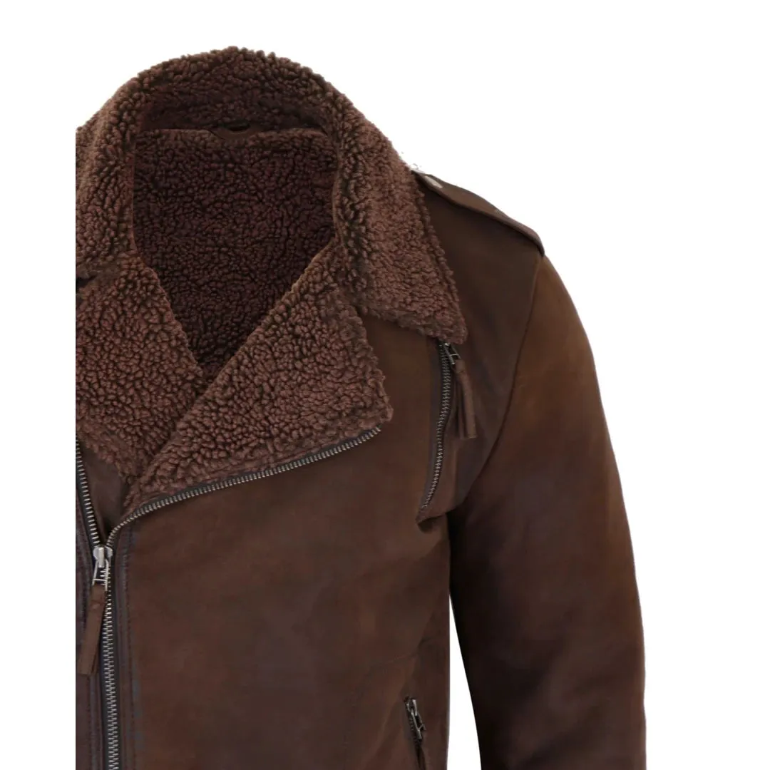 Men's Black Brown Cross Zip Leather Biker Jacket Fleece Lined Fitted