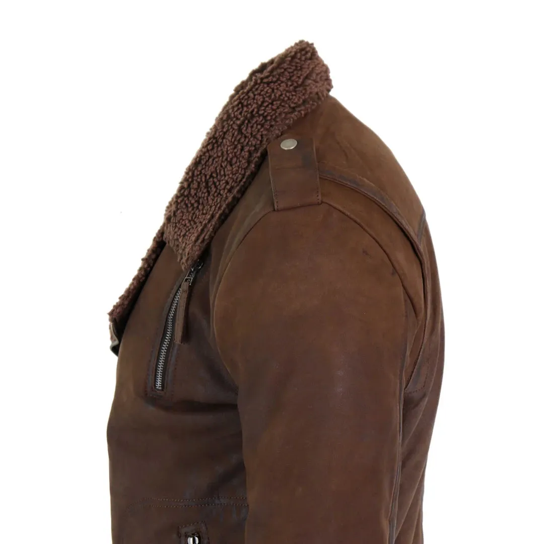 Men's Black Brown Cross Zip Leather Biker Jacket Fleece Lined Fitted