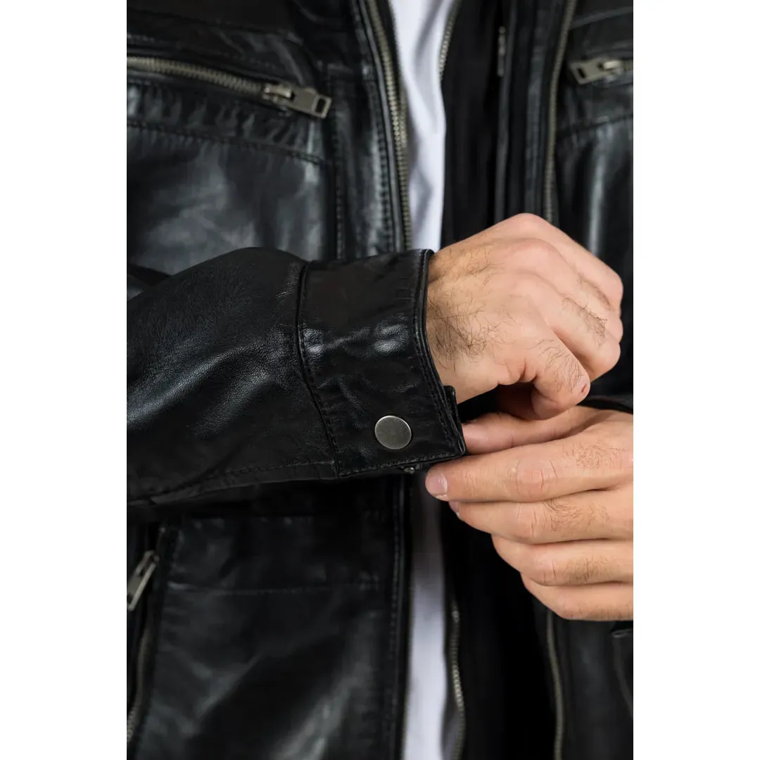Men's Black Hooded Genuine Leather Biker Jacket