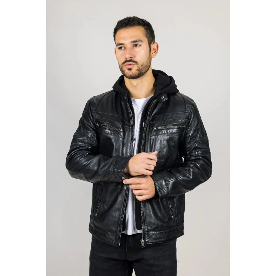 Men's Black Hooded Genuine Leather Biker Jacket