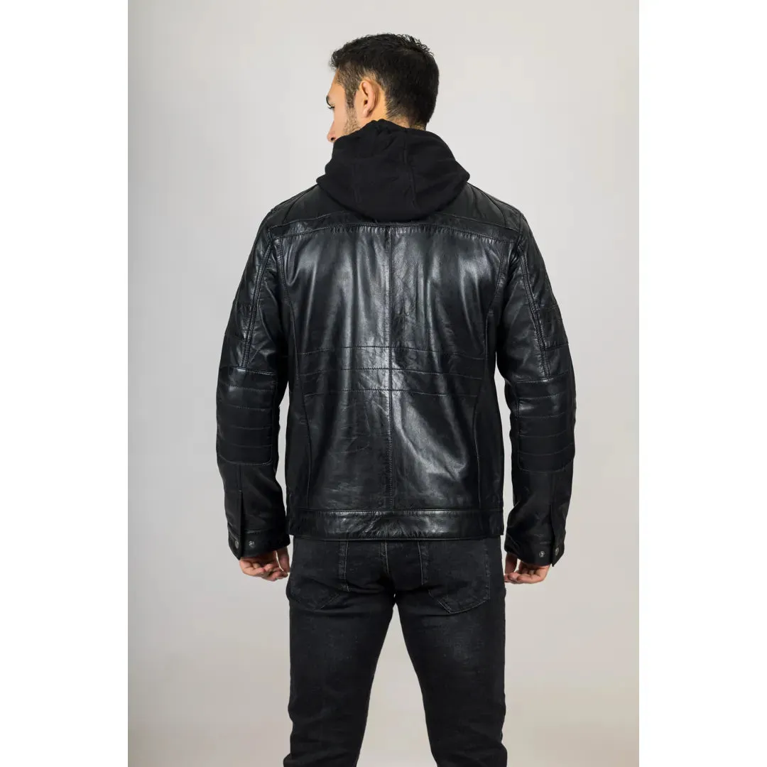 Men's Black Hooded Genuine Leather Biker Jacket