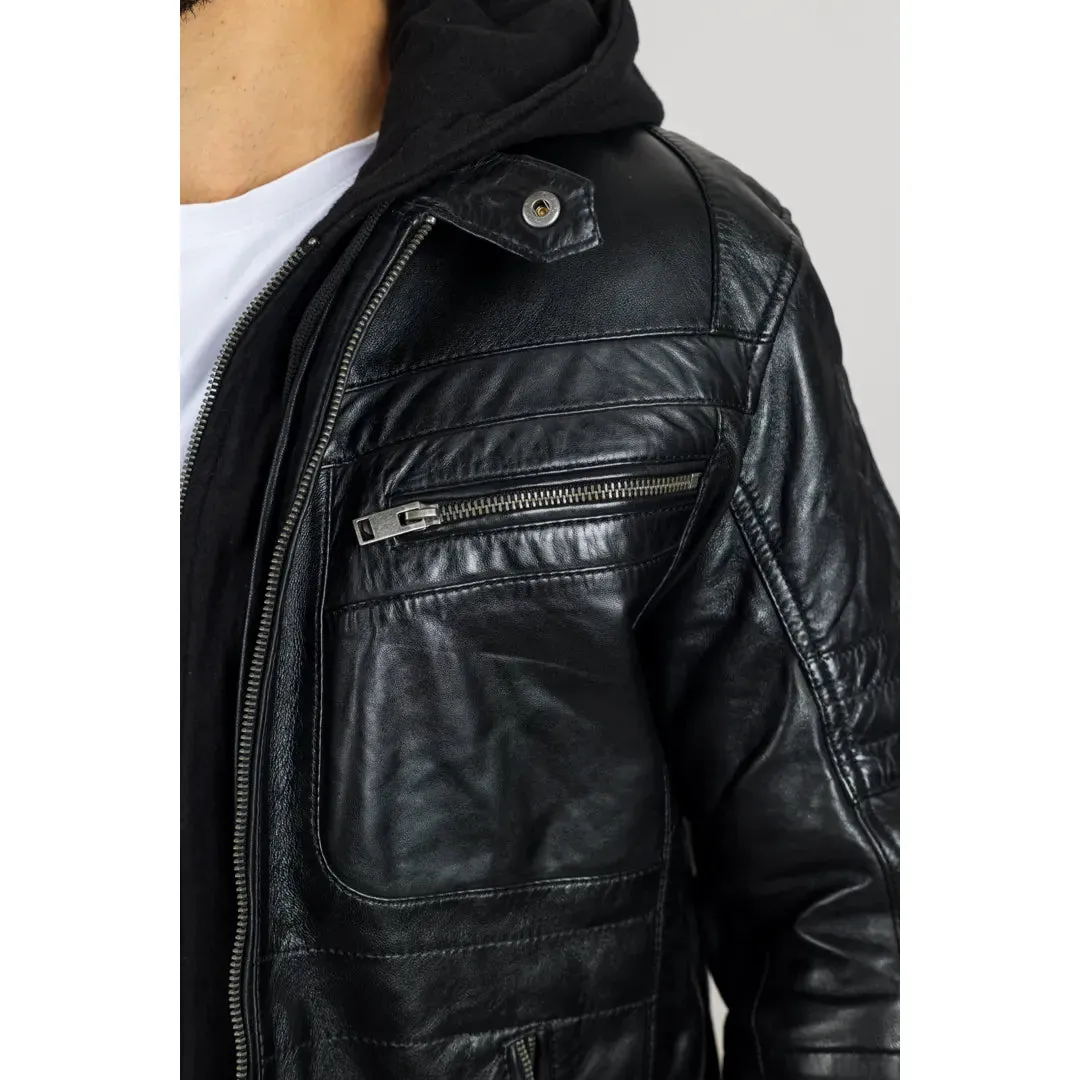 Men's Black Hooded Genuine Leather Biker Jacket