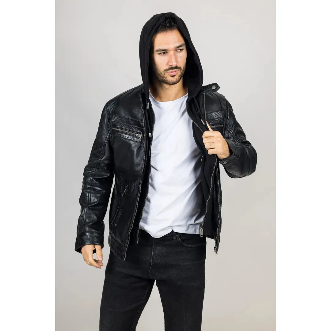 Men's Black Hooded Genuine Leather Biker Jacket