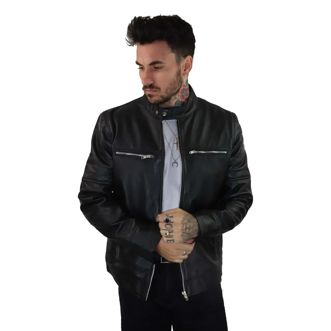 Men's Black Leather Jacket Short Zipped Biker Classic