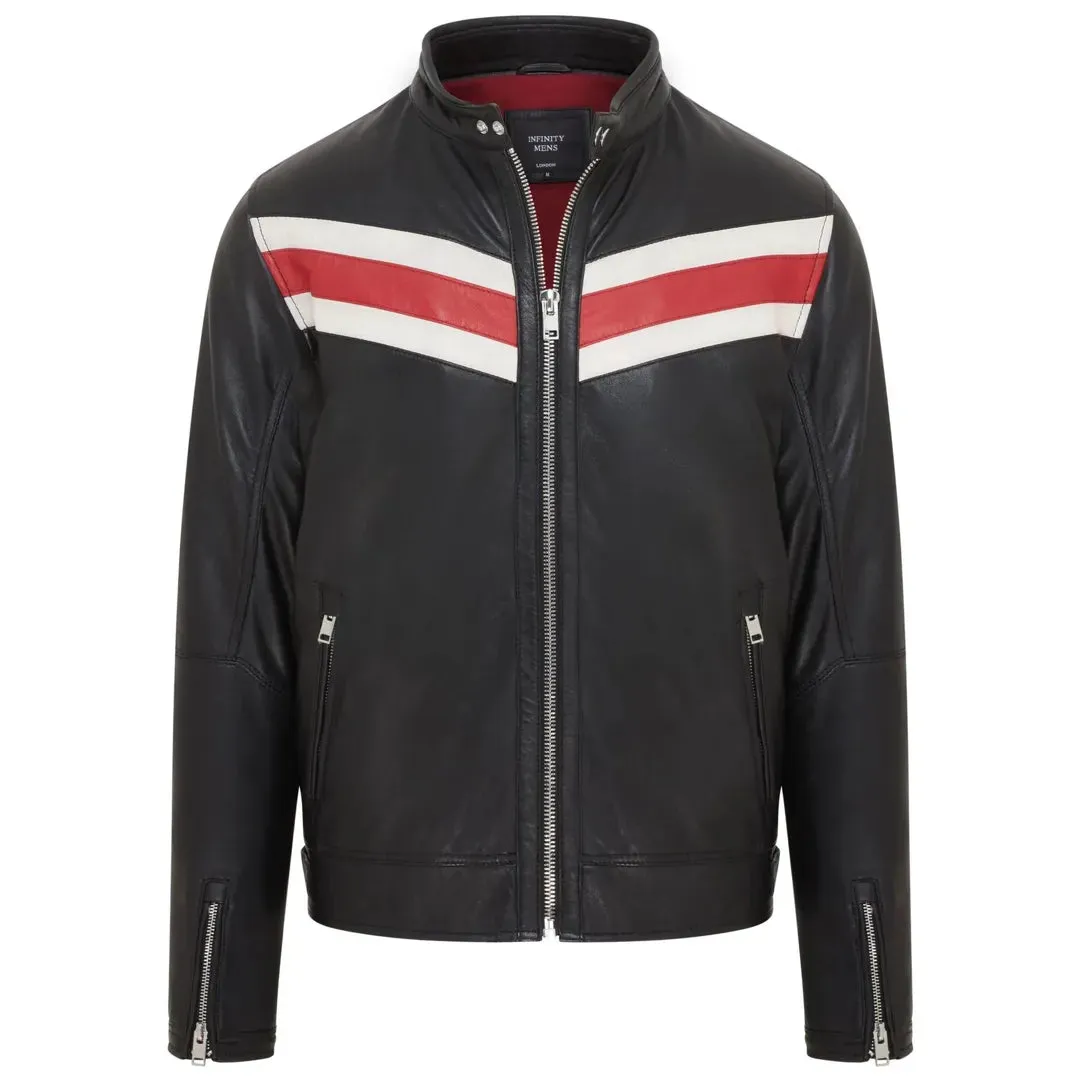 Men's Black Racer Striped Biker Leather Jacket