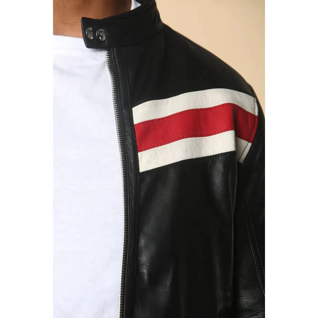 Men's Black Racer Striped Biker Leather Jacket