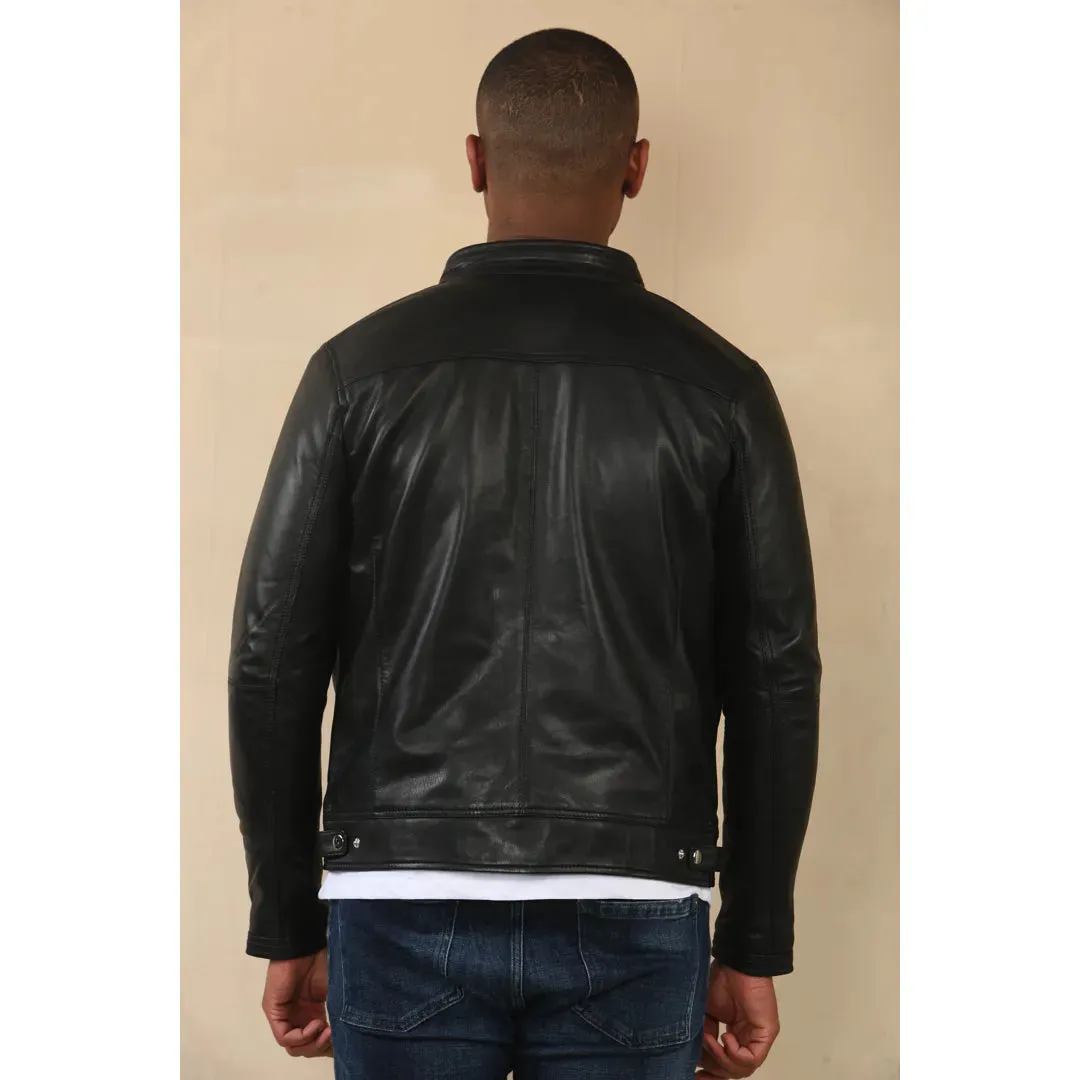 Men's Black Racer Striped Biker Leather Jacket