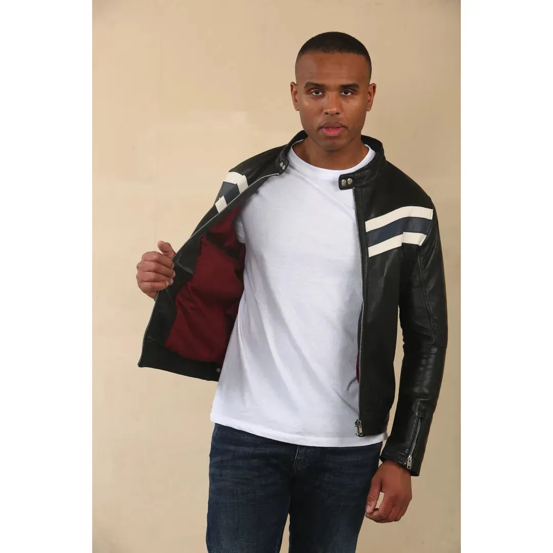 Men's Black Racer Striped Biker Leather Jacket
