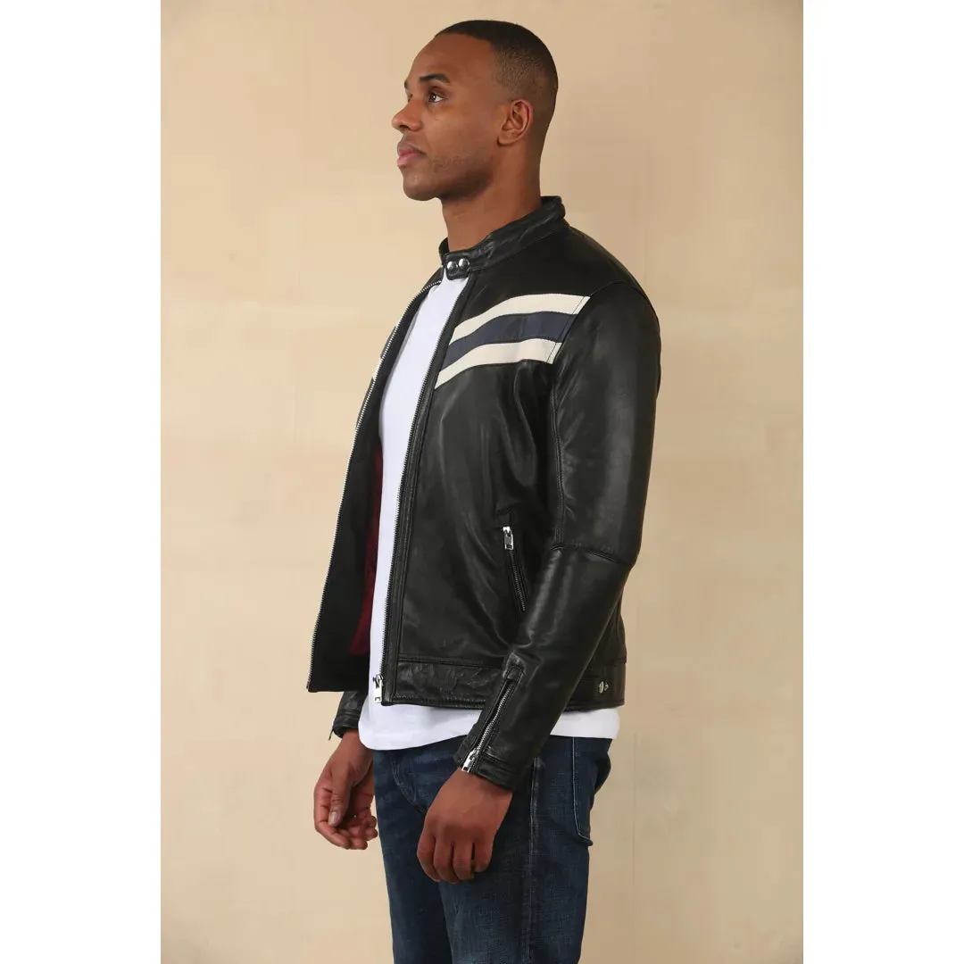 Men's Black Racer Striped Biker Leather Jacket