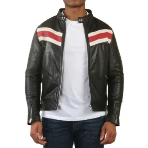 Men's Black Racer Striped Biker Leather Jacket