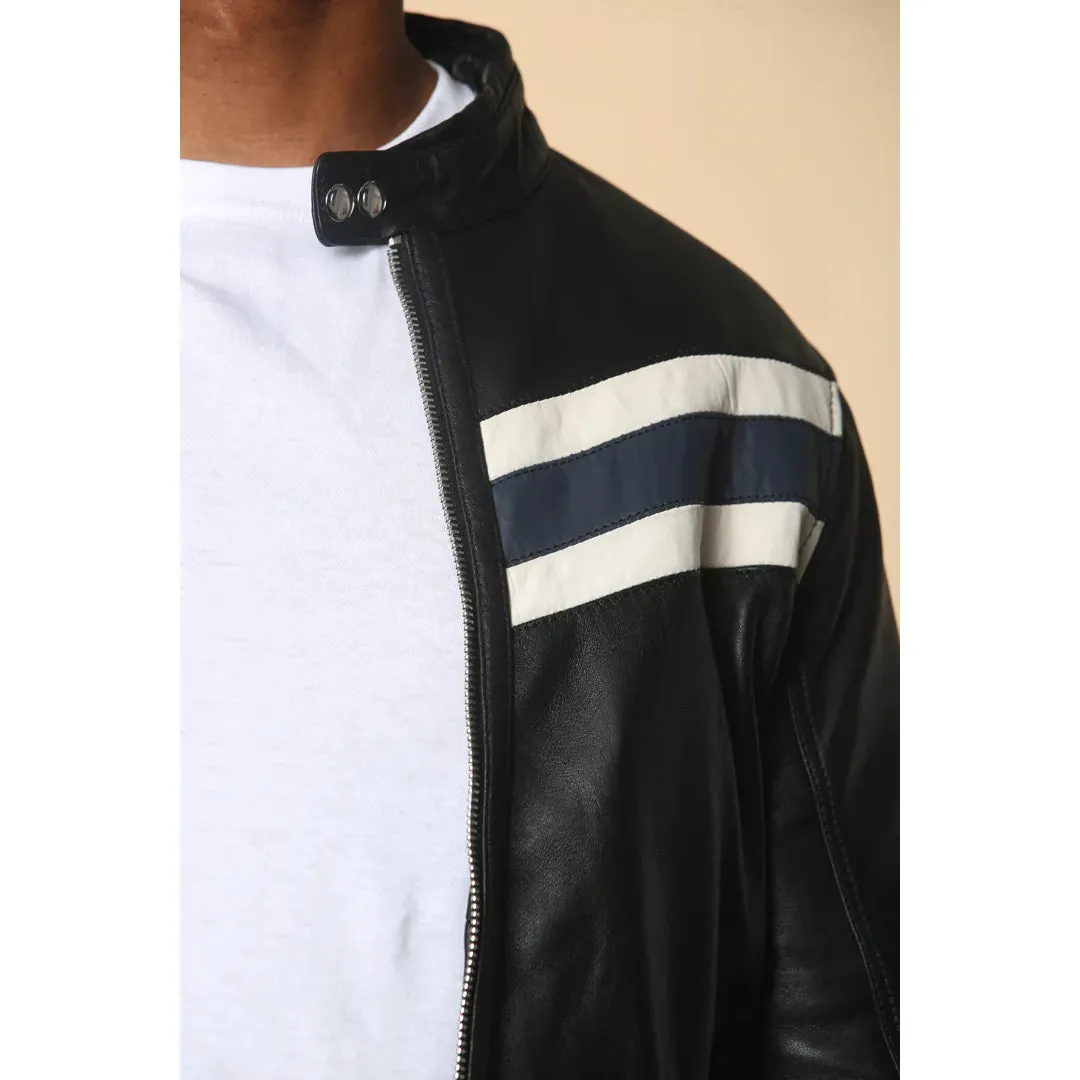 Men's Black Racer Striped Biker Leather Jacket