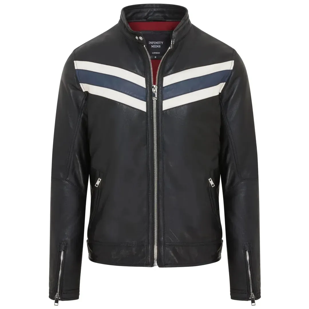 Men's Black Racer Striped Biker Leather Jacket