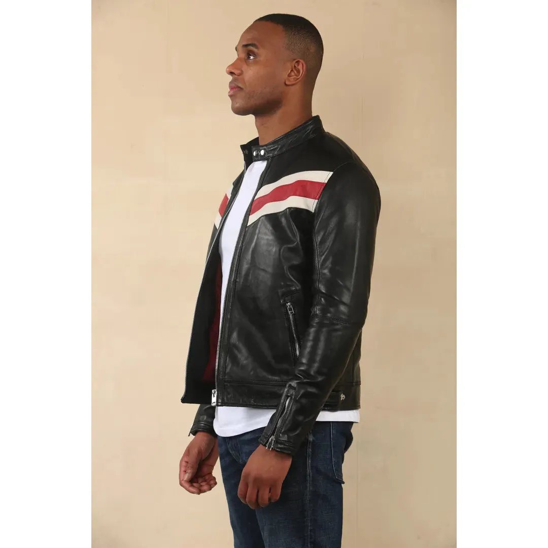 Men's Black Racer Striped Biker Leather Jacket