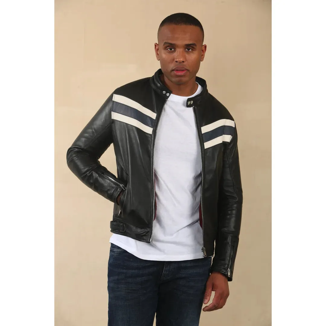 Men's Black Racer Striped Biker Leather Jacket