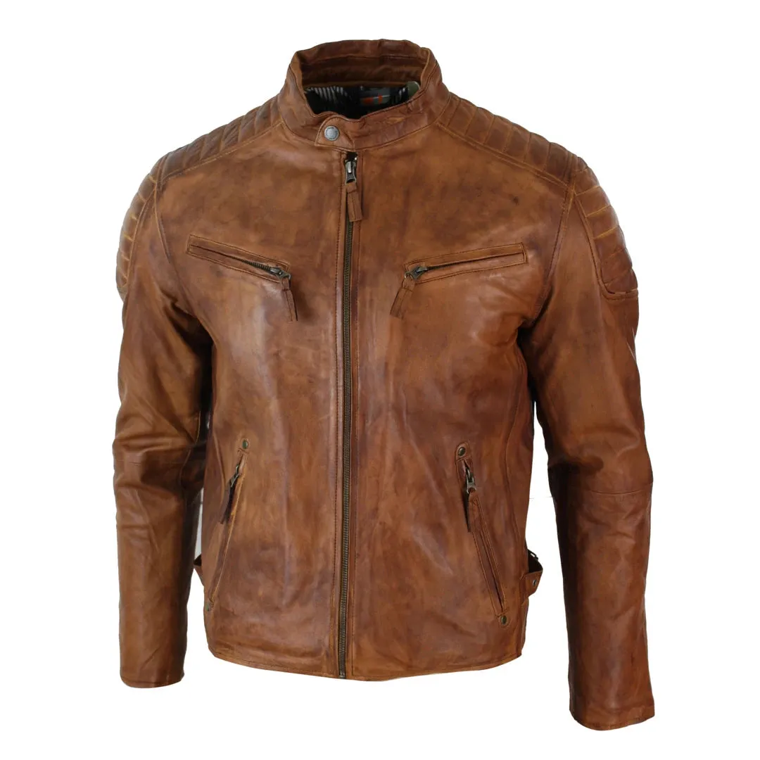 Men's Blue Grey Leather Zipped Biker Jacket Washed