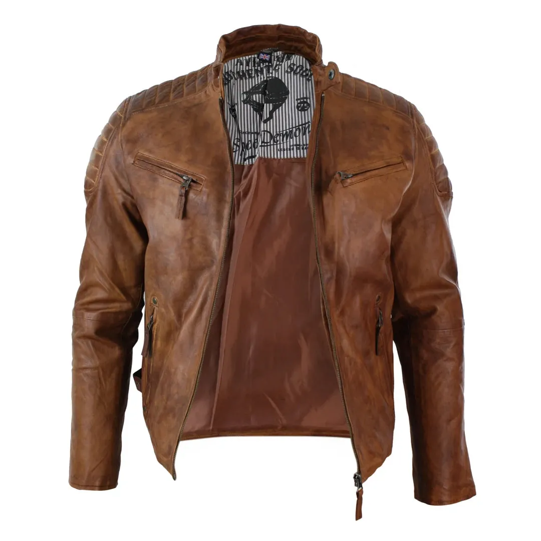 Men's Blue Grey Leather Zipped Biker Jacket Washed