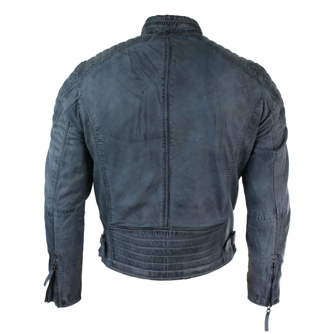 Men's Blue Grey Leather Zipped Biker Jacket Washed