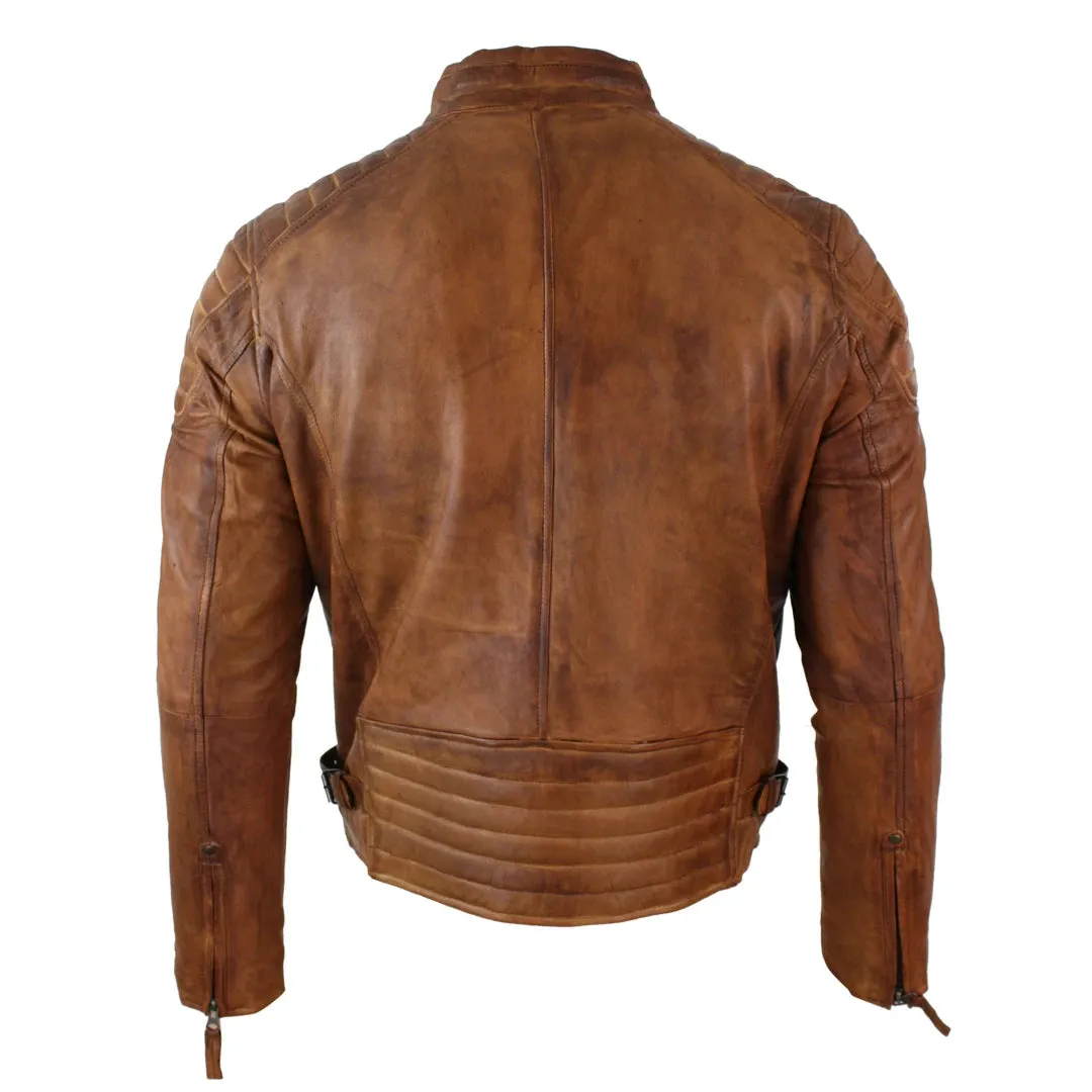 Men's Blue Grey Leather Zipped Biker Jacket Washed