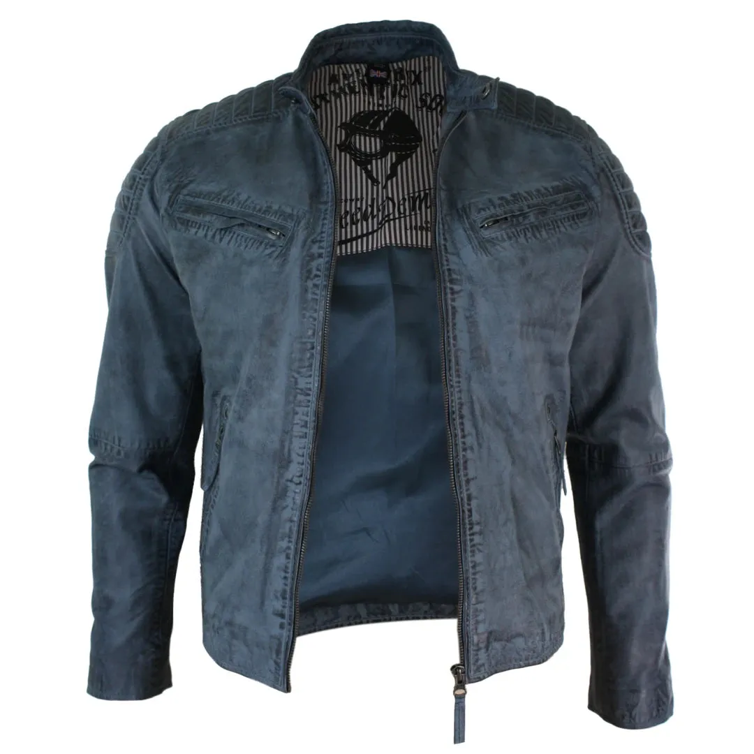 Men's Blue Grey Leather Zipped Biker Jacket Washed