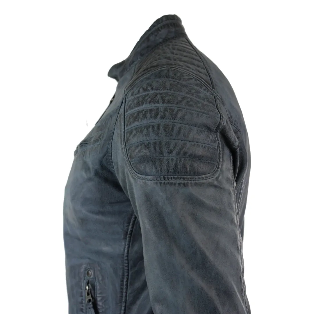 Men's Blue Grey Leather Zipped Biker Jacket Washed