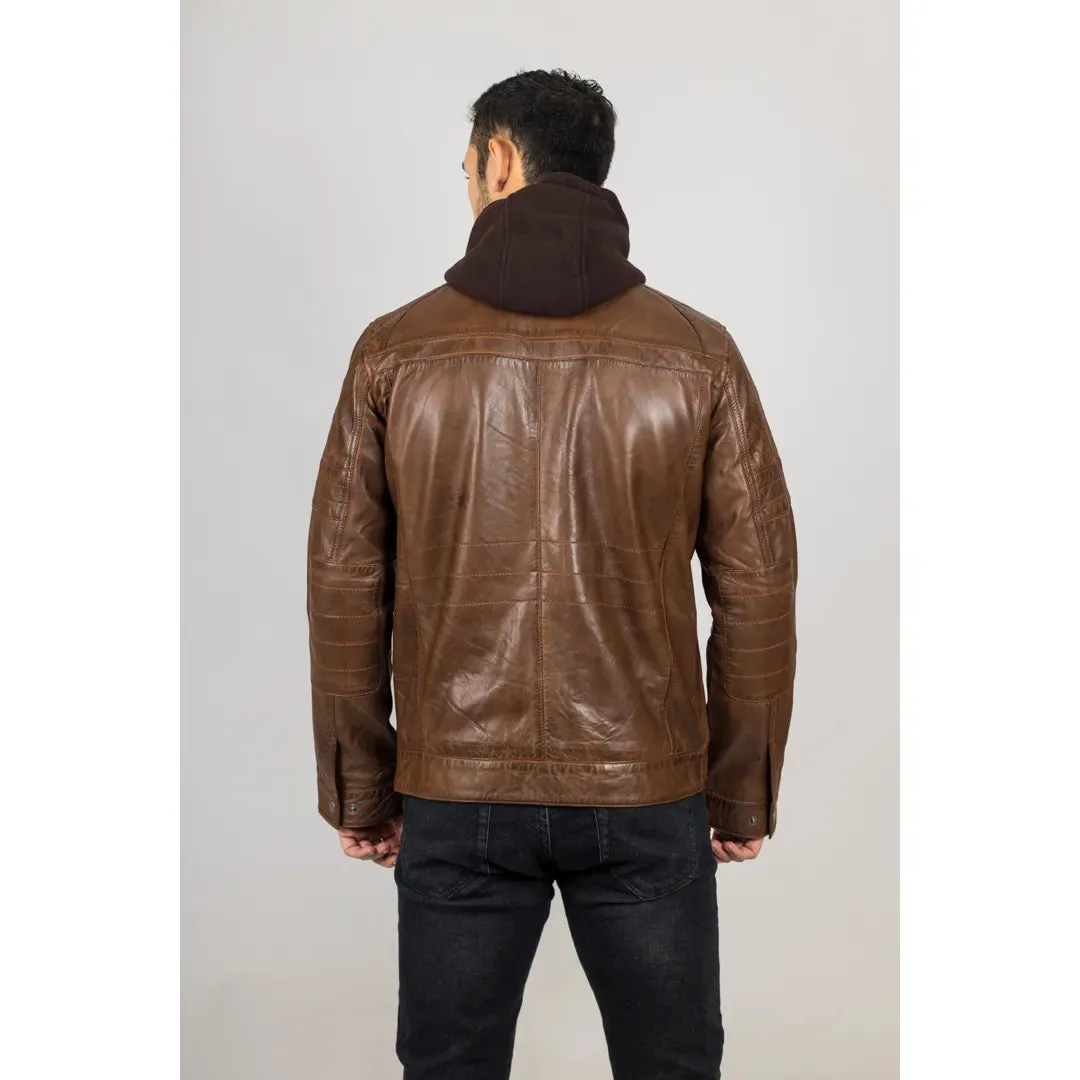 Men's Brown Hooded Genuine Leather Biker Jacket