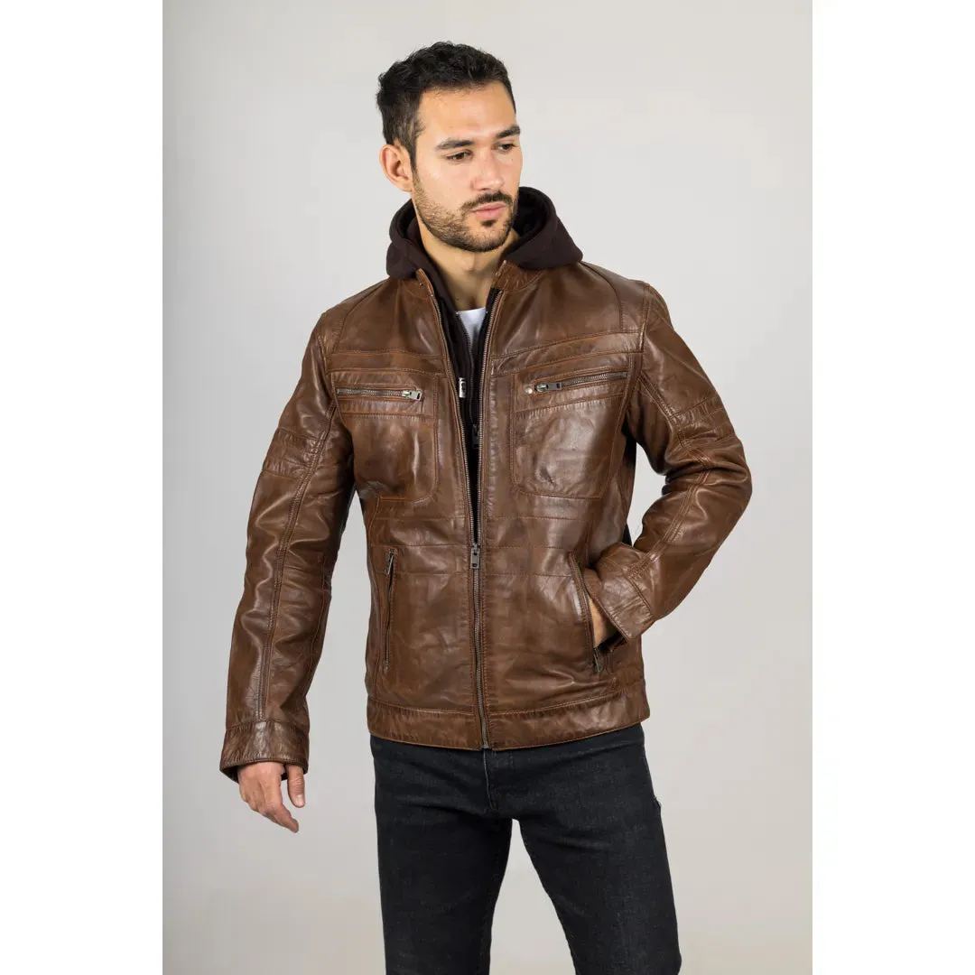 Men's Brown Hooded Genuine Leather Biker Jacket