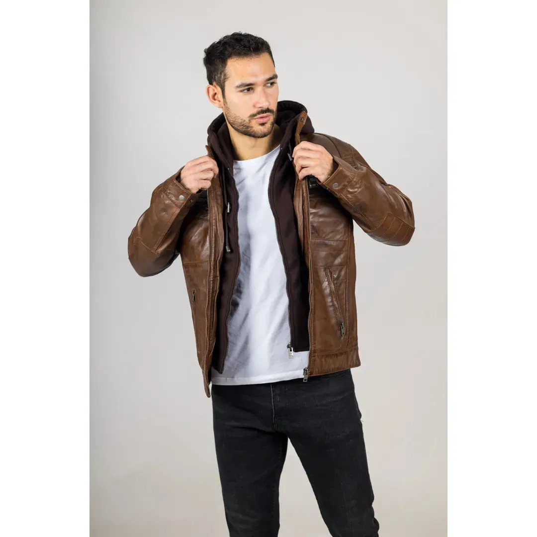 Men's Brown Hooded Genuine Leather Biker Jacket