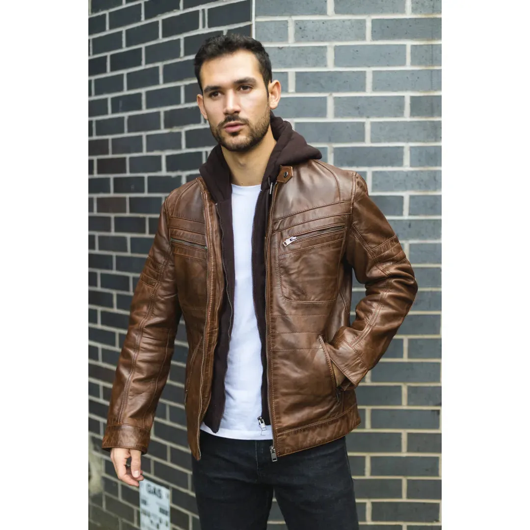 Men's Brown Hooded Genuine Leather Biker Jacket