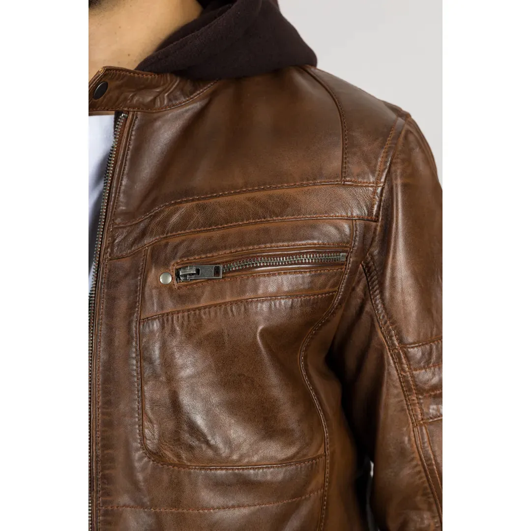 Men's Brown Hooded Genuine Leather Biker Jacket