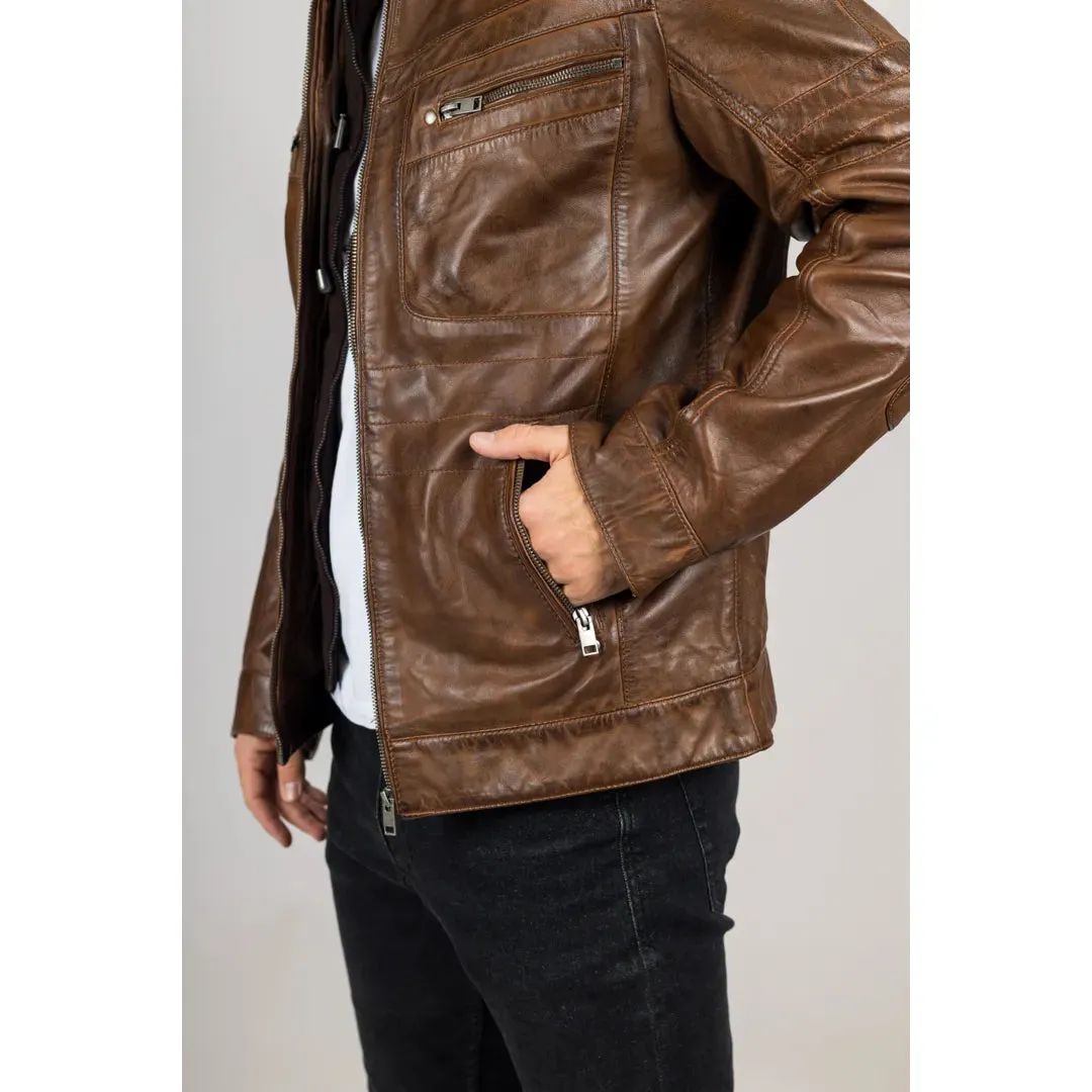 Men's Brown Hooded Genuine Leather Biker Jacket