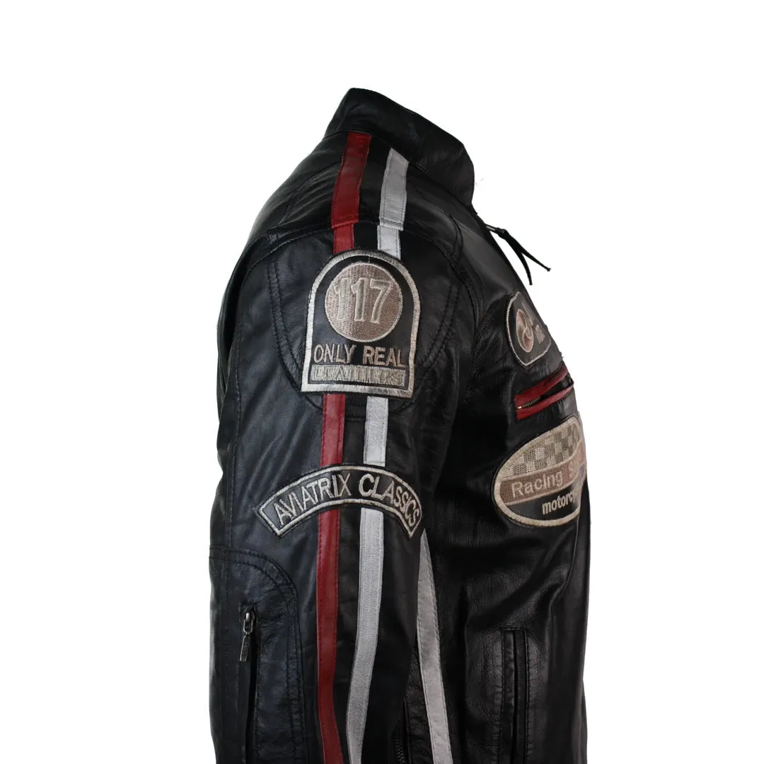 Men's Classic Biker Racer Leather Jacket Black Zipped Badge