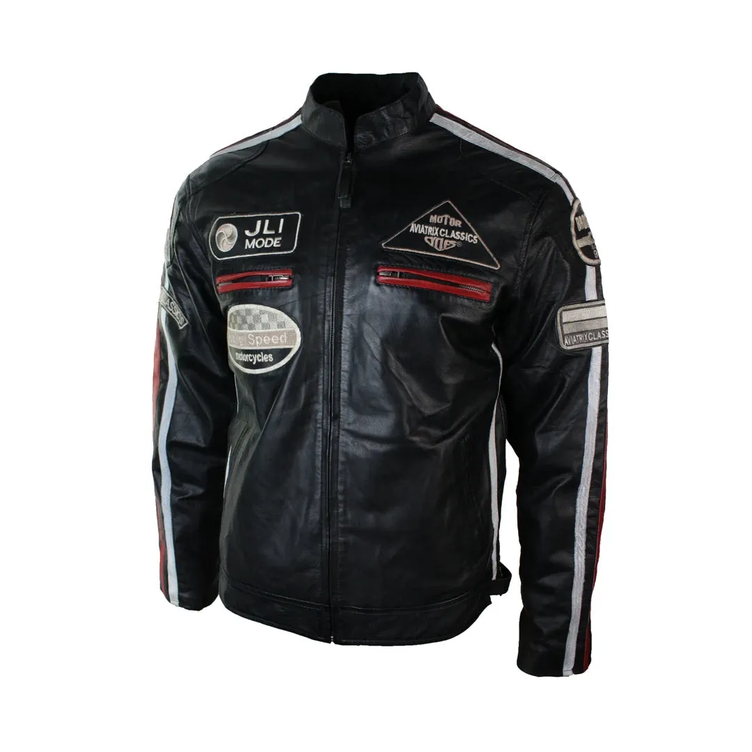 Men's Classic Biker Racer Leather Jacket Black Zipped Badge