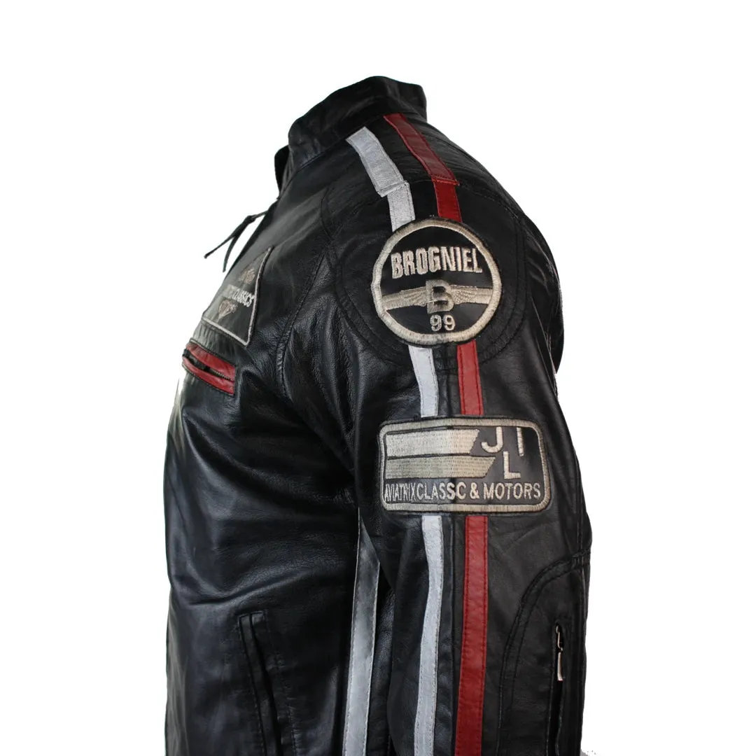 Men's Classic Biker Racer Leather Jacket Black Zipped Badge