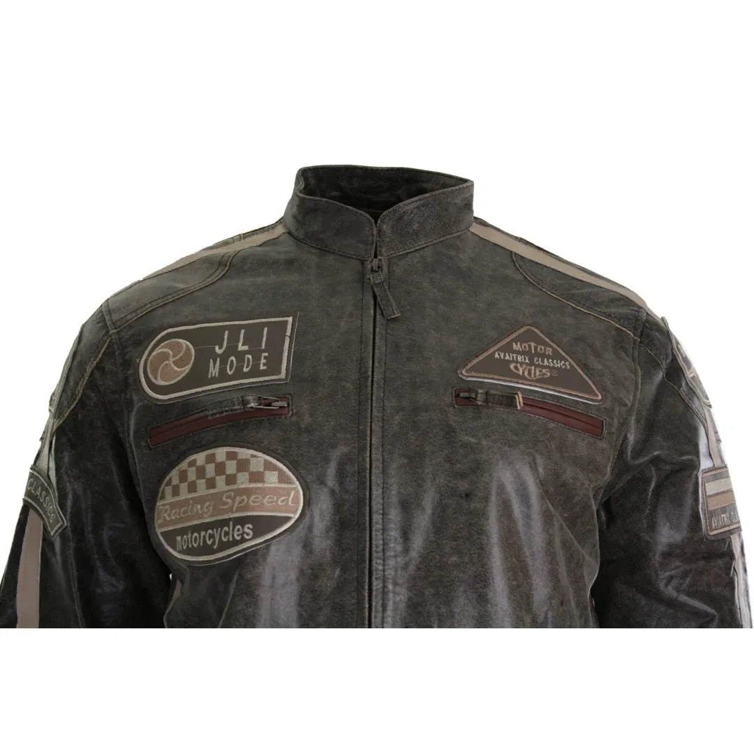 Men's Classic Biker Racer Leather Jacket Black Zipped Badge