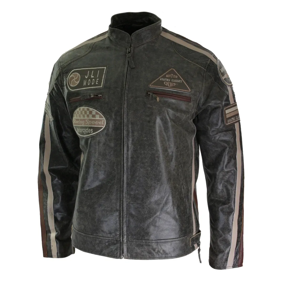 Men's Classic Biker Racer Leather Jacket Black Zipped Badge