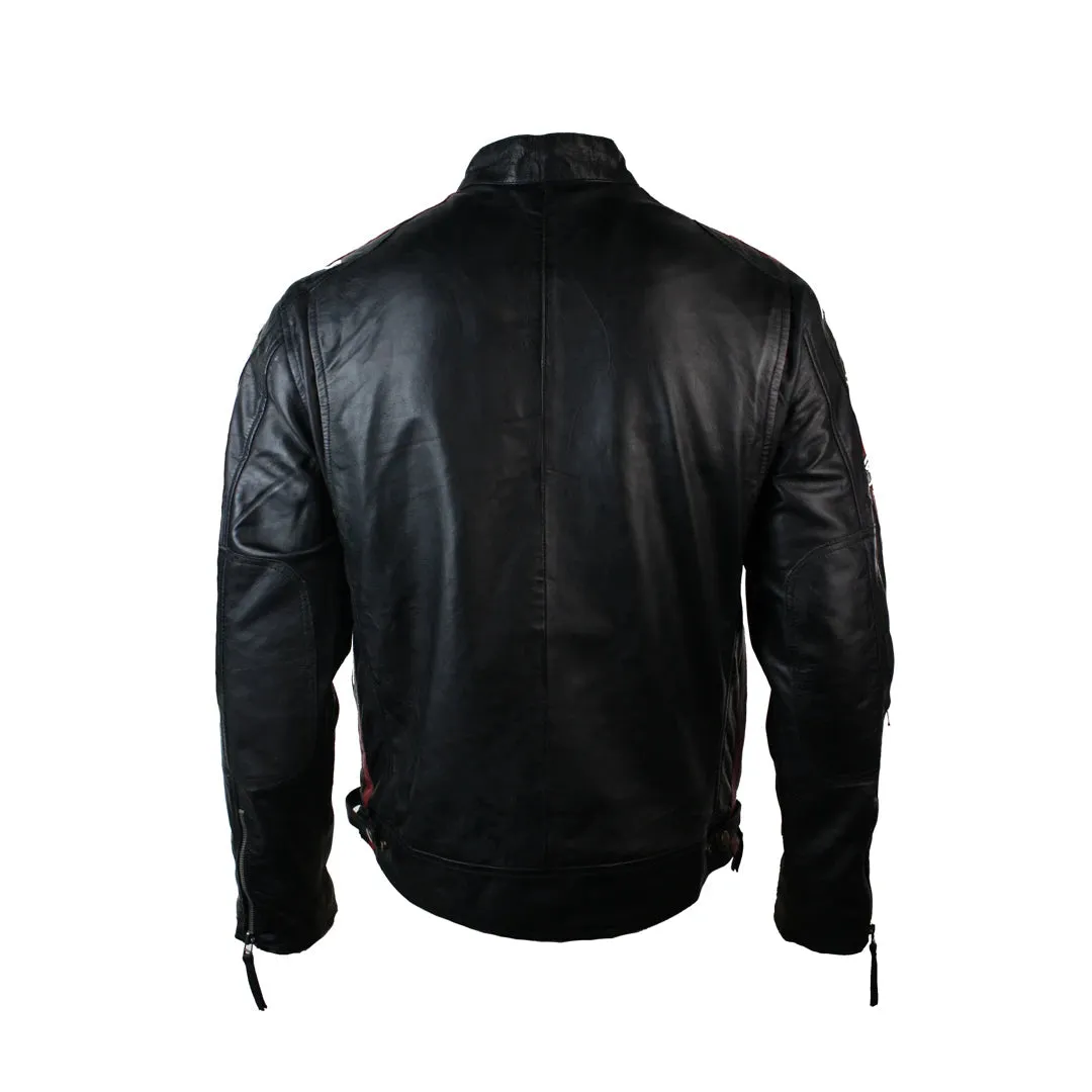 Men's Classic Biker Racer Leather Jacket Black Zipped Badge
