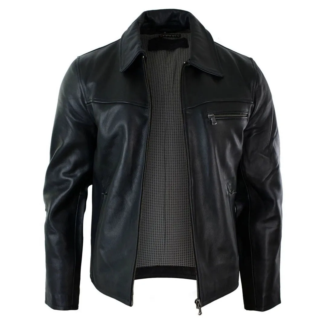 Men's Classic Leather Soft Hide Zipped Collar Box Jacket Fit