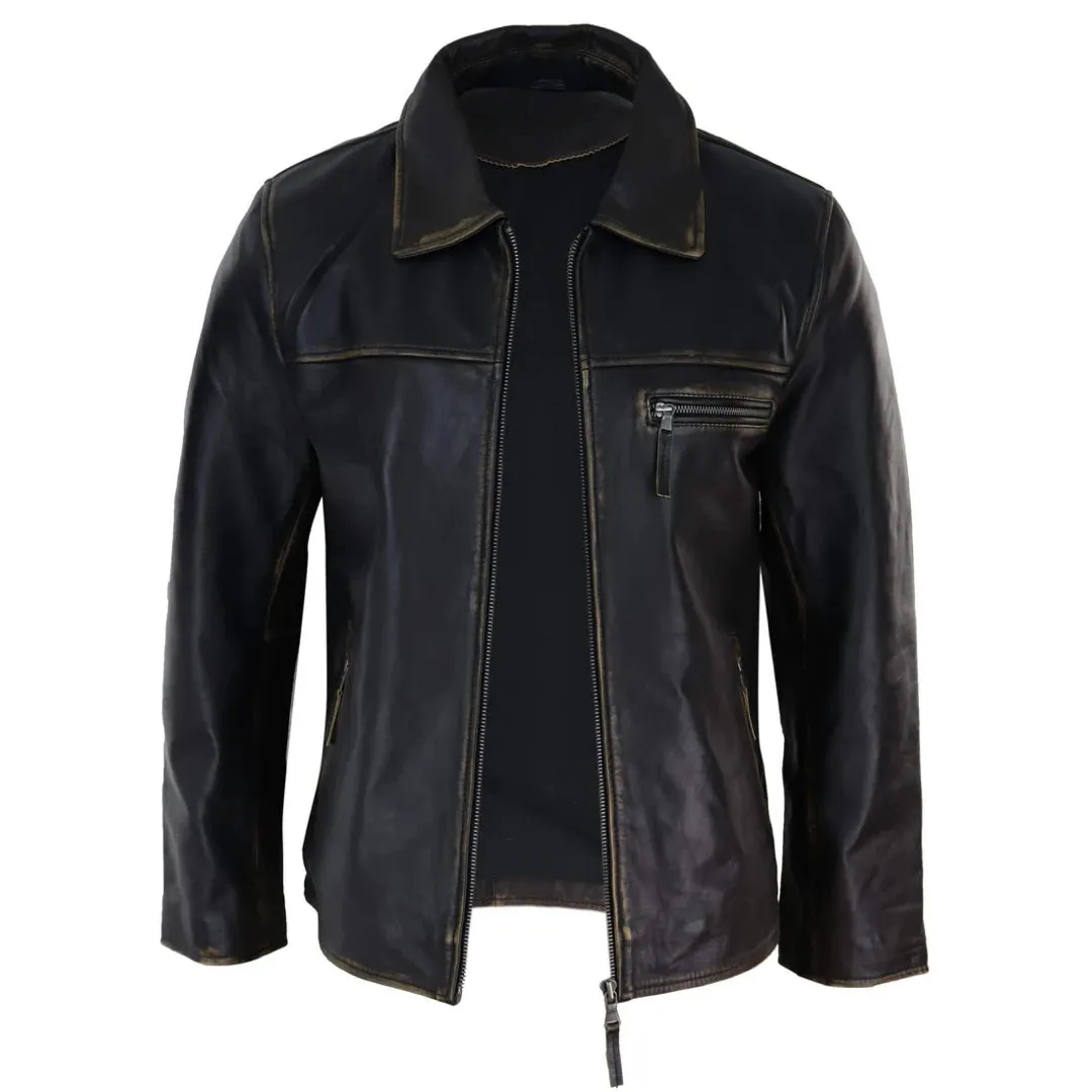 Men's Classic Leather Soft Hide Zipped Collar Box Jacket Fit