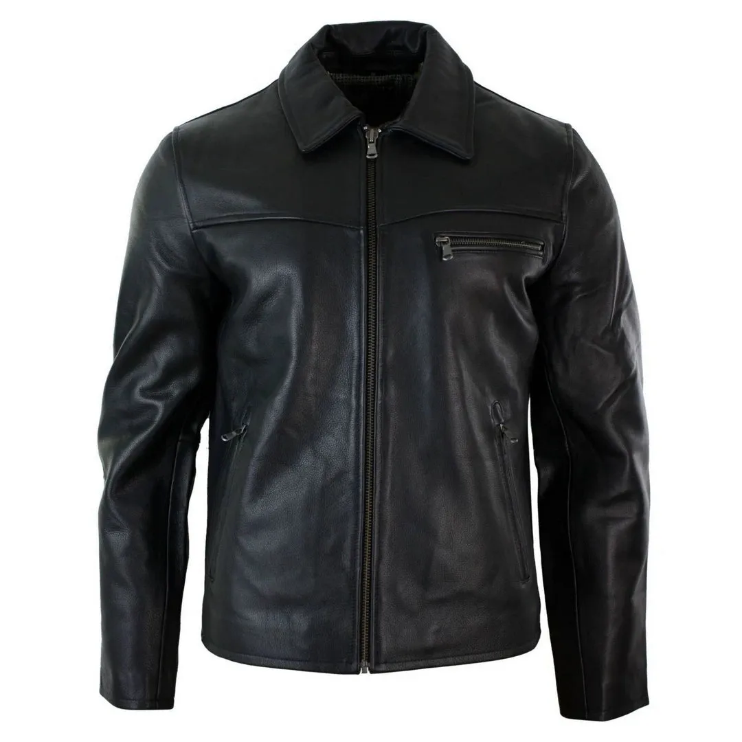 Men's Classic Leather Soft Hide Zipped Collar Box Jacket Fit