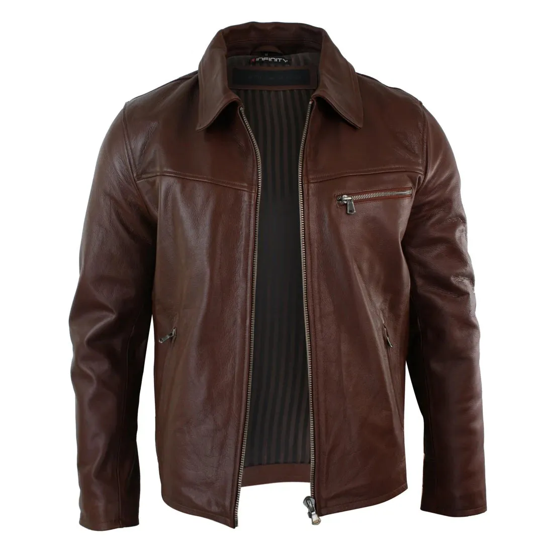 Men's Classic Leather Soft Hide Zipped Collar Box Jacket Fit