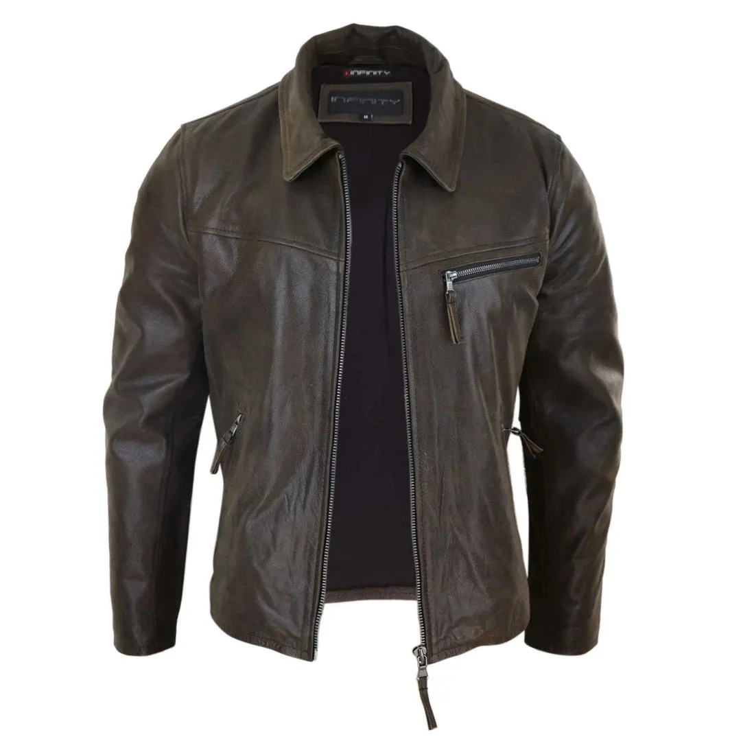 Men's Classic Leather Soft Hide Zipped Collar Box Jacket Fit