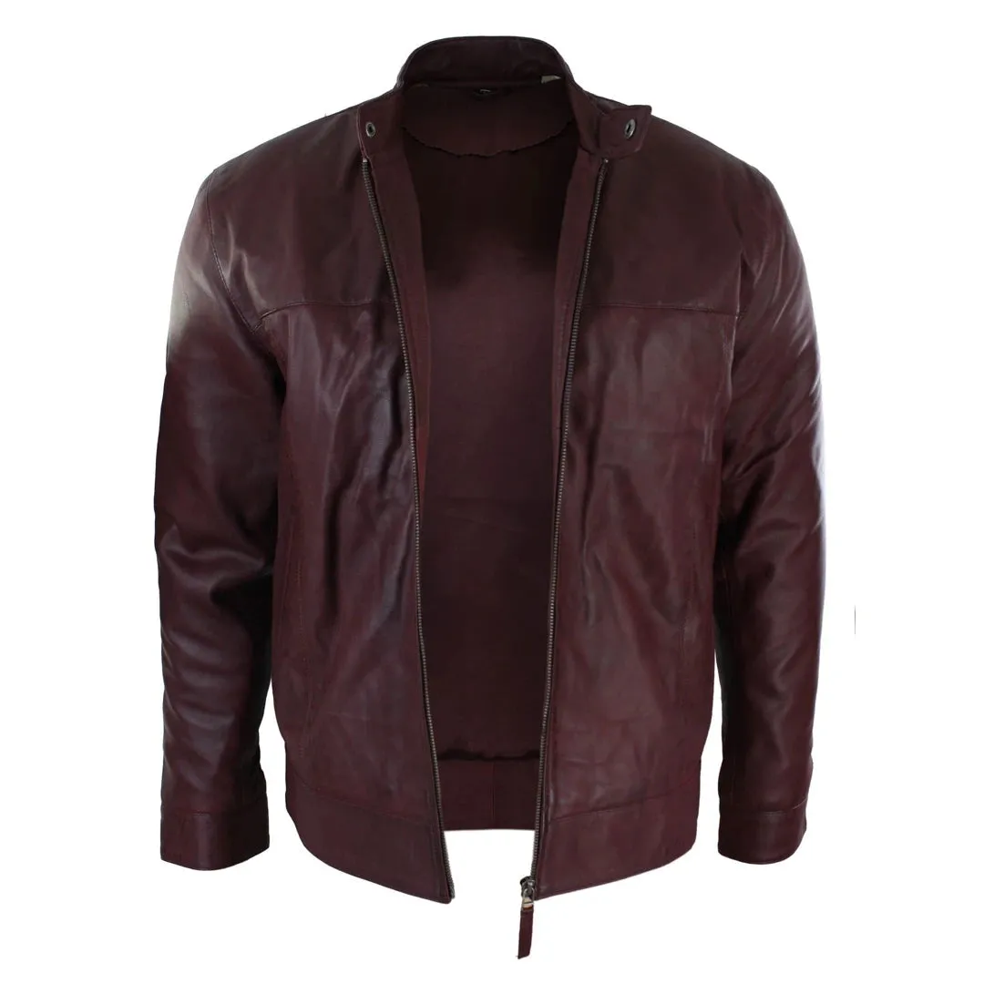 Men's Classic Zip Leather Jacket Nehru Grandad Collar Biker Style