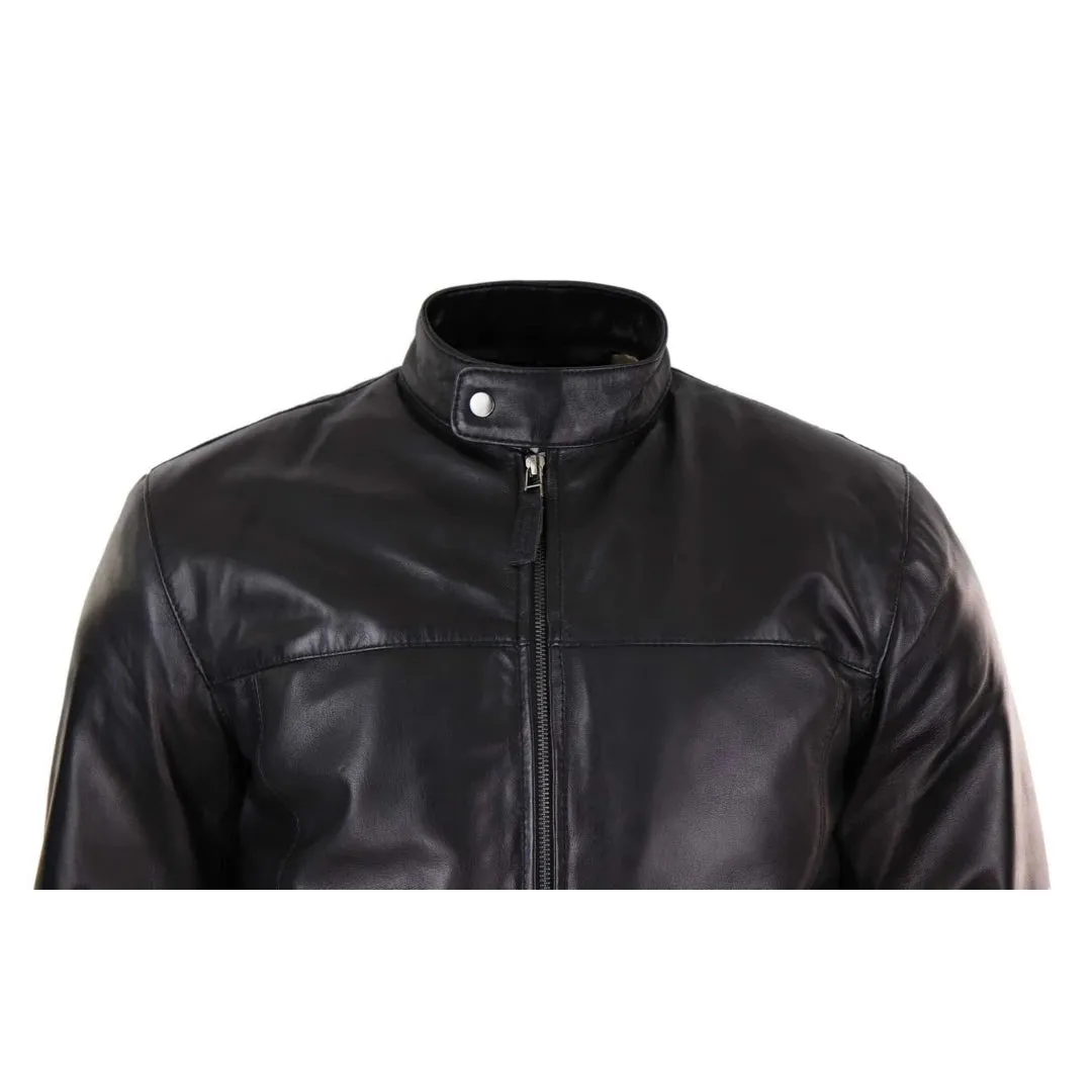 Men's Classic Zip Leather Jacket Nehru Grandad Collar Biker Style