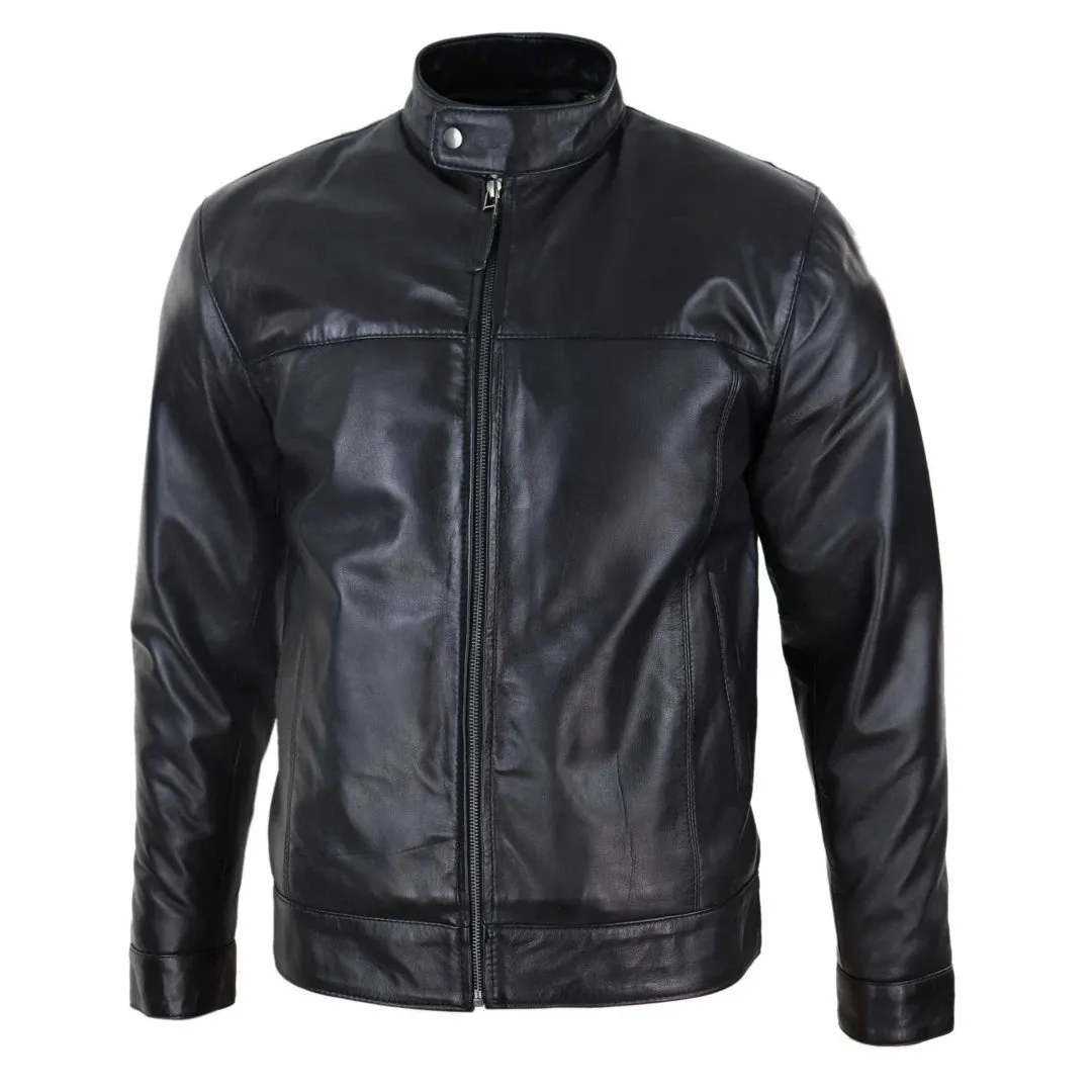 Men's Classic Zip Leather Jacket Nehru Grandad Collar Biker Style