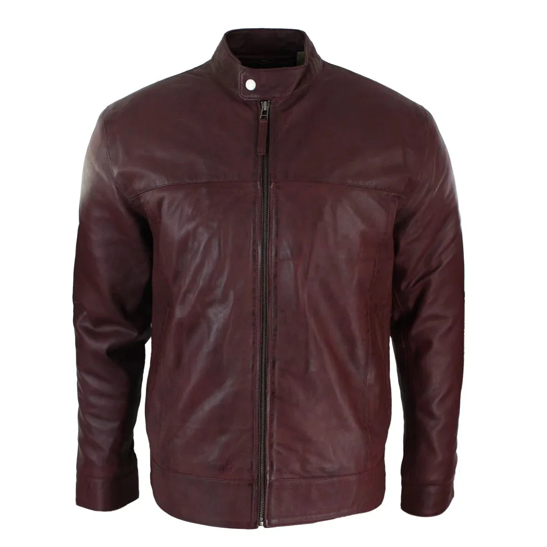 Men's Classic Zip Leather Jacket Nehru Grandad Collar Biker Style