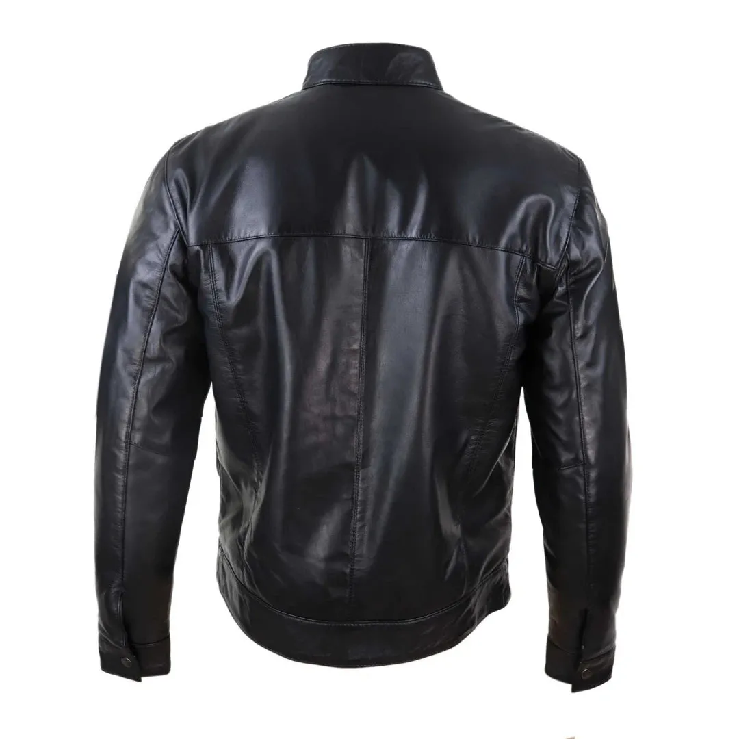 Men's Classic Zip Leather Jacket Nehru Grandad Collar Biker Style