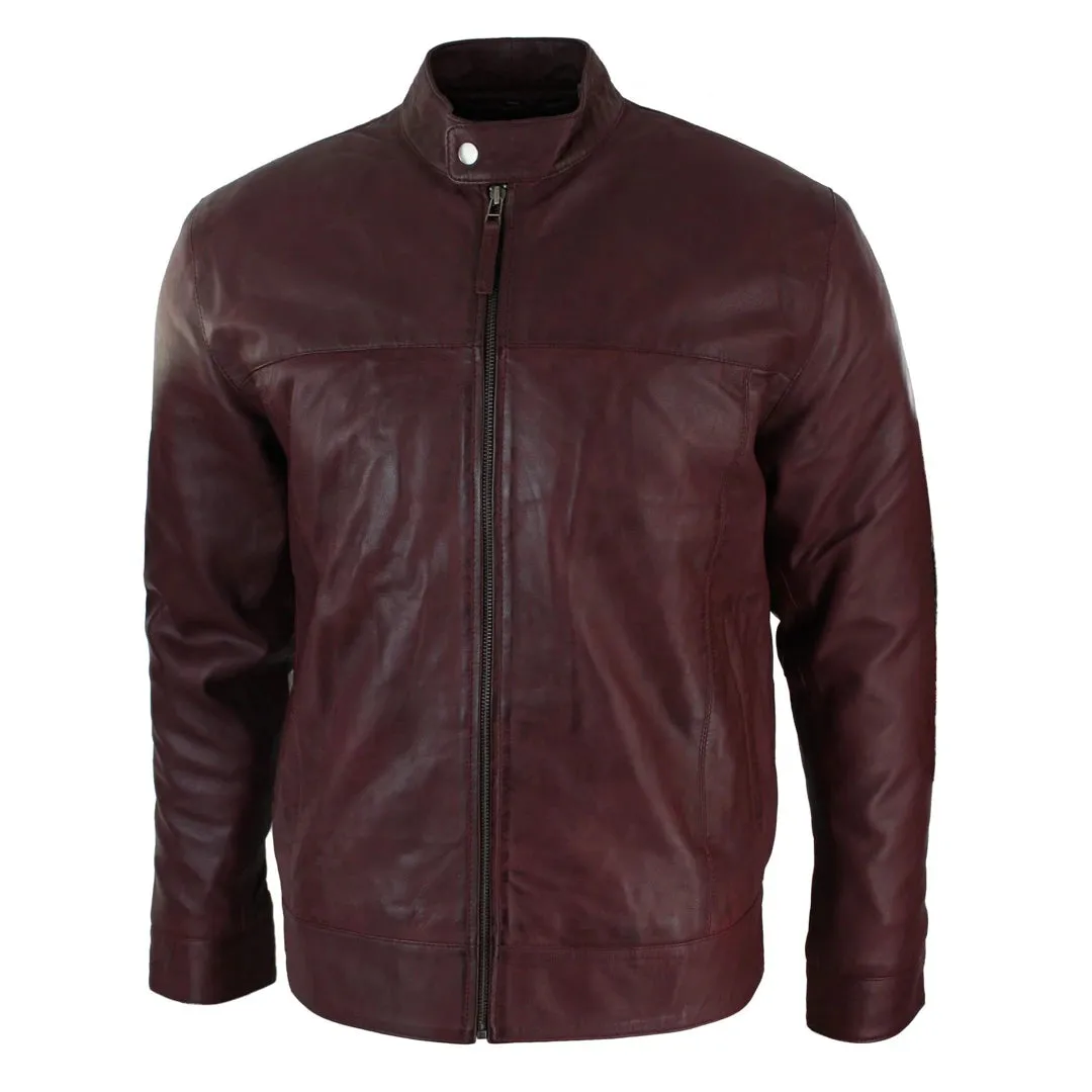 Men's Classic Zip Leather Jacket Nehru Grandad Collar Biker Style