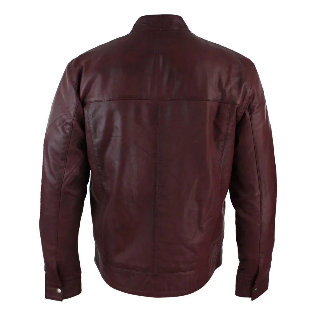 Men's Classic Zip Leather Jacket Nehru Grandad Collar Biker Style