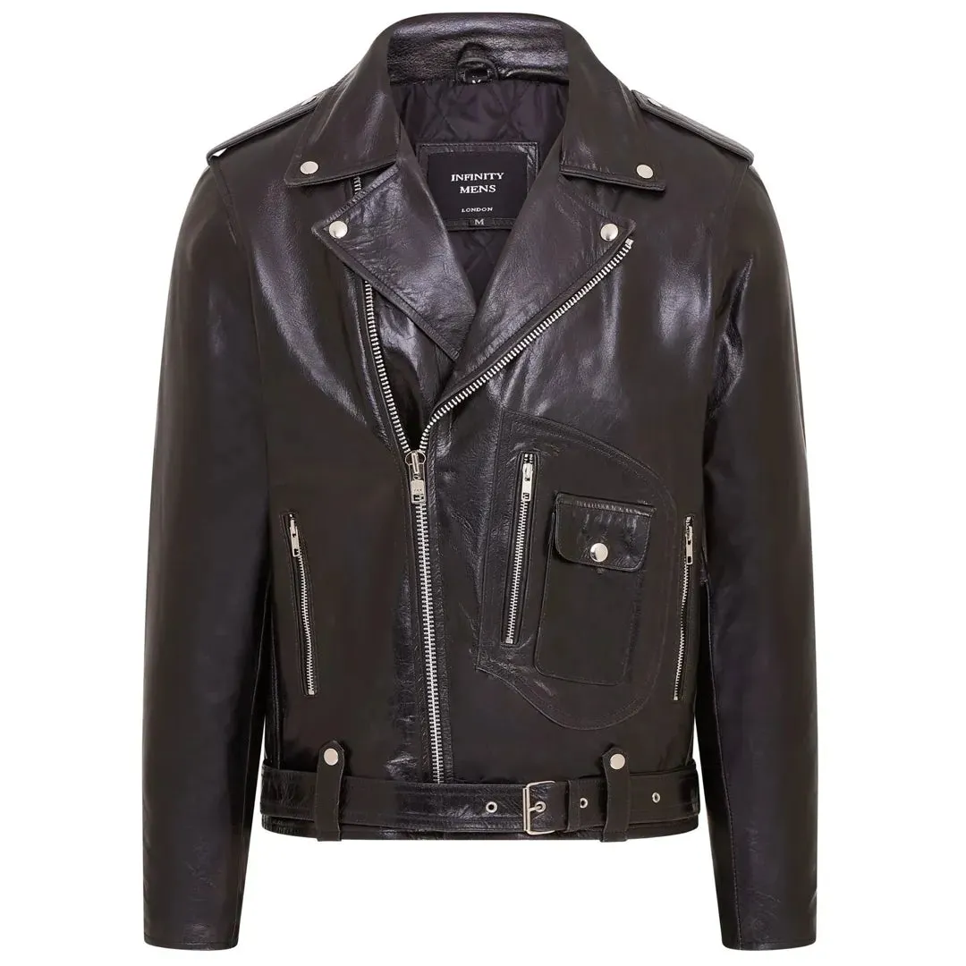 Men's Cow Hide Biker Brando Cross Zip Leather Jacket