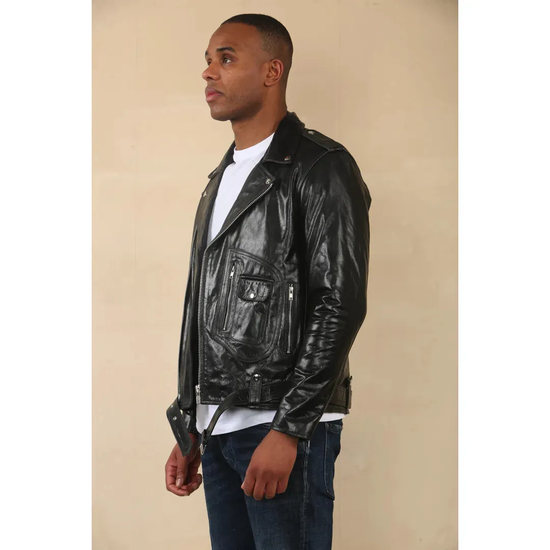 Men's Cow Hide Biker Brando Cross Zip Leather Jacket